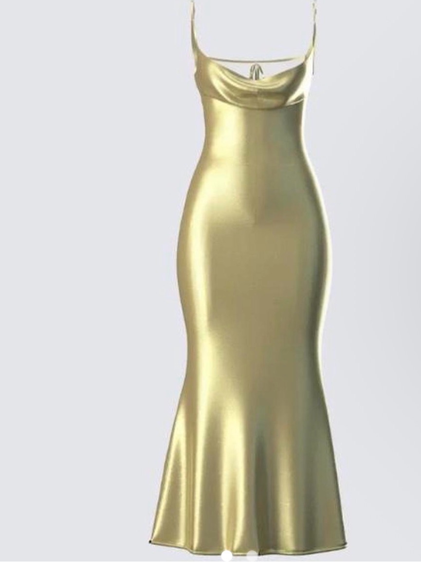 Satin Gold Cowl-Neck Maxi Slip Dress